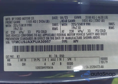 2023 Ford Escape Platinum z USA, uszkodzony, nr VIN 1FMCU9JAXPUA30957